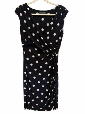 Lauren Ralph Lauren Polka Dot Navy Blue/White Dress faux wrap size 12
